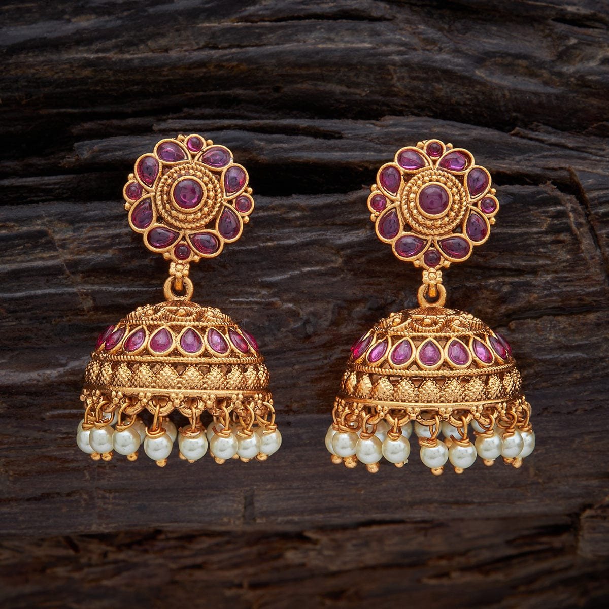 Antique Jhumki  Earring Gold Polish Ruby Colour