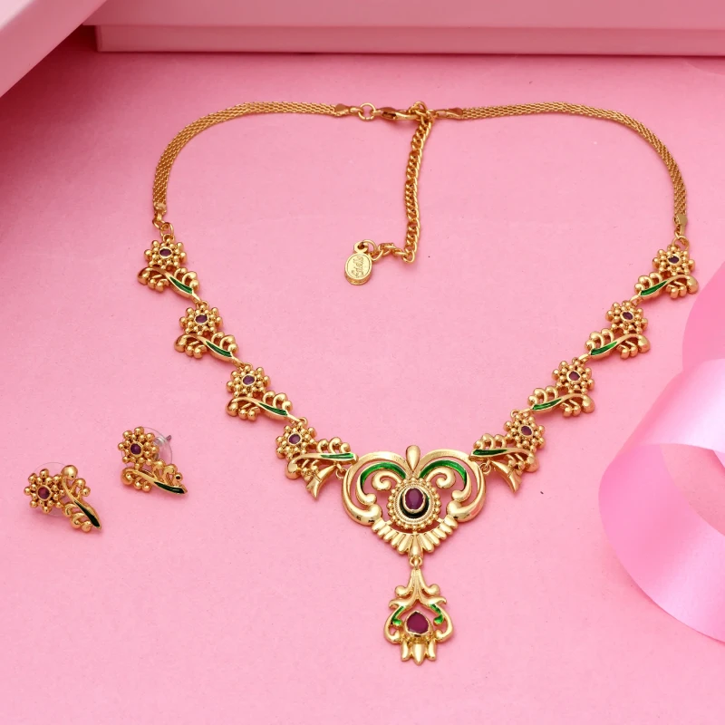 Gold-Plated CZ Designer Necklace Set with Green Enamel & Ruby