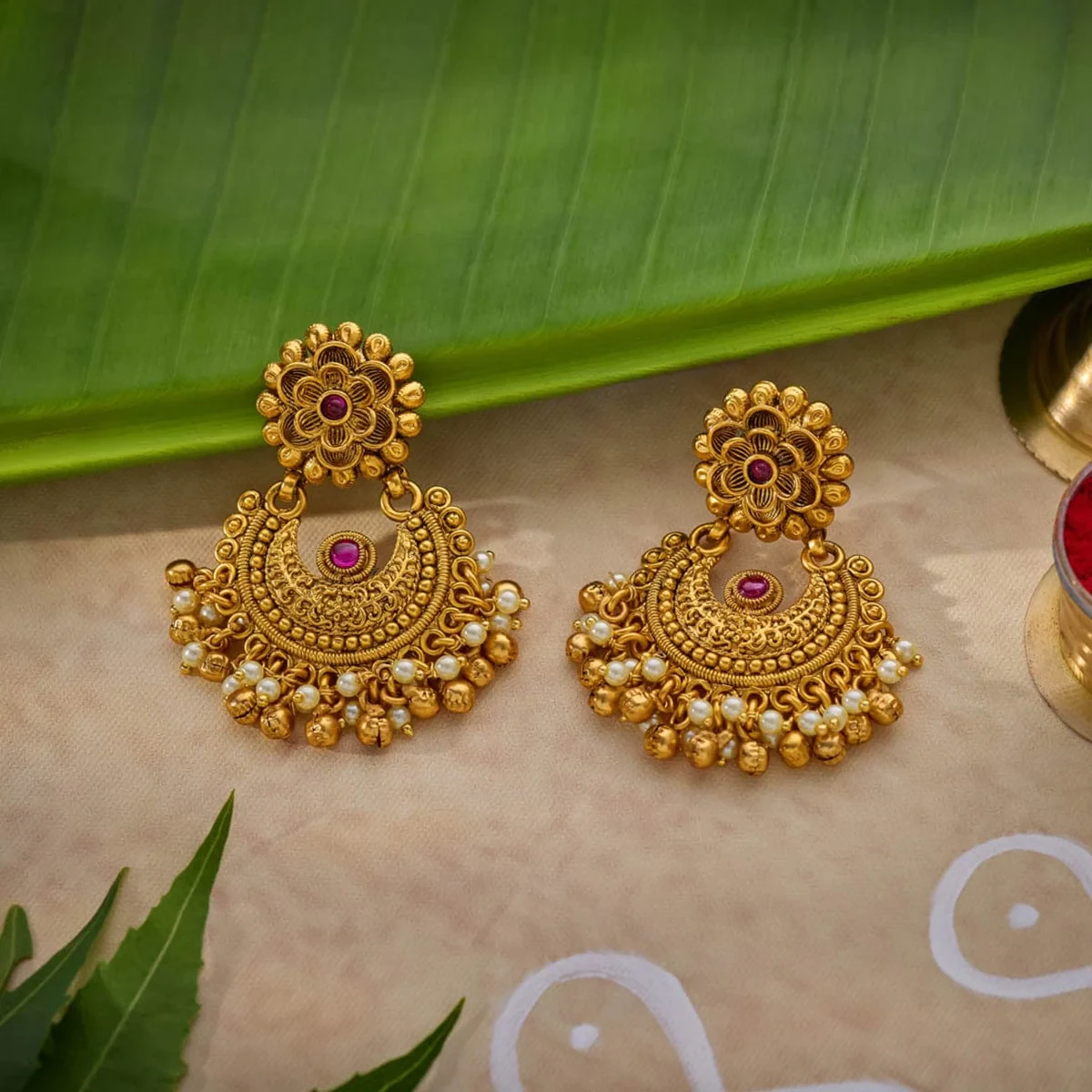 Antique Earring Gold Polish Ruby Stone 1560