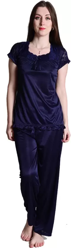 Tiya Women's Combo Satin Night Suit Set of Top Payjama Set (Pack of 3) (Purple, Wine, Navy Blue)