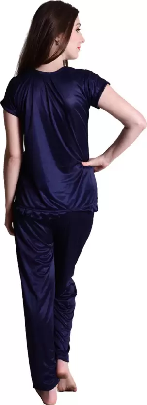 Tiya Women's Combo Satin Night Suit Set of Top Payjama Set (Pack of 3) (Purple, Wine, Navy Blue)