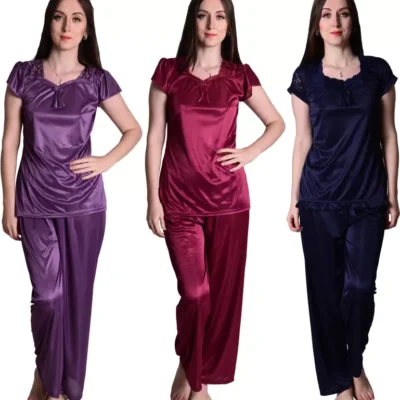 Tiya Women’s Combo Satin Night Suit Set of Top Payjama Set (Pack of 3) (Purple, Wine, Navy Blue)
