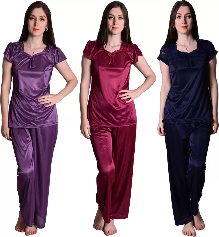 Tiya Women's Combo Satin Night Suit Set of Top Payjama Set (Pack of 3) (Purple, Wine, Navy Blue)