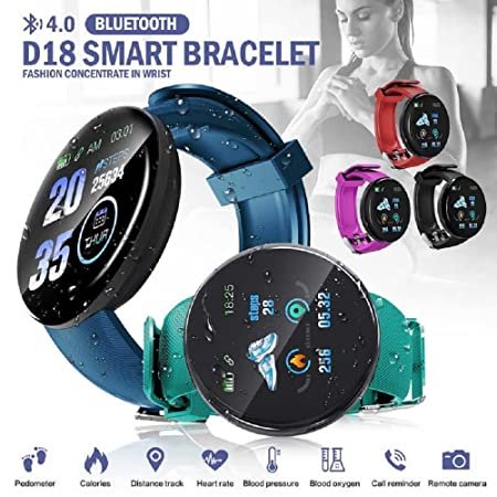 Tiya Bluetooth Smart Fitness Band D18 Activity Tracker Touch Screen Digital Bracelet Watch for Men Women (Red Strap)(Free Size)