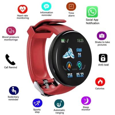 Tiya Bluetooth Smart Fitness Band D18 Activity Tracker Touch Screen Digital Bracelet Watch for Men Women (Red Strap)(Free Size)