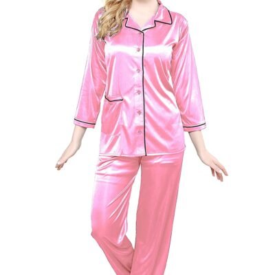 Tiya Women’s Satin Plain/Solid Top and Pyjama Set (Babypink)
