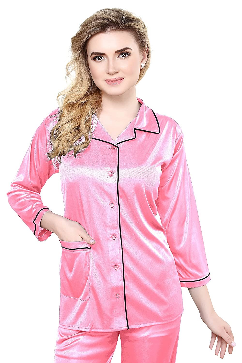 Tiya Women's Satin Plain/Solid Top and Pyjama Set (Babypink)