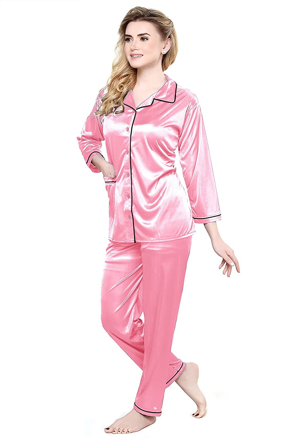 Tiya Women's Satin Plain/Solid Top and Pyjama Set (Babypink)