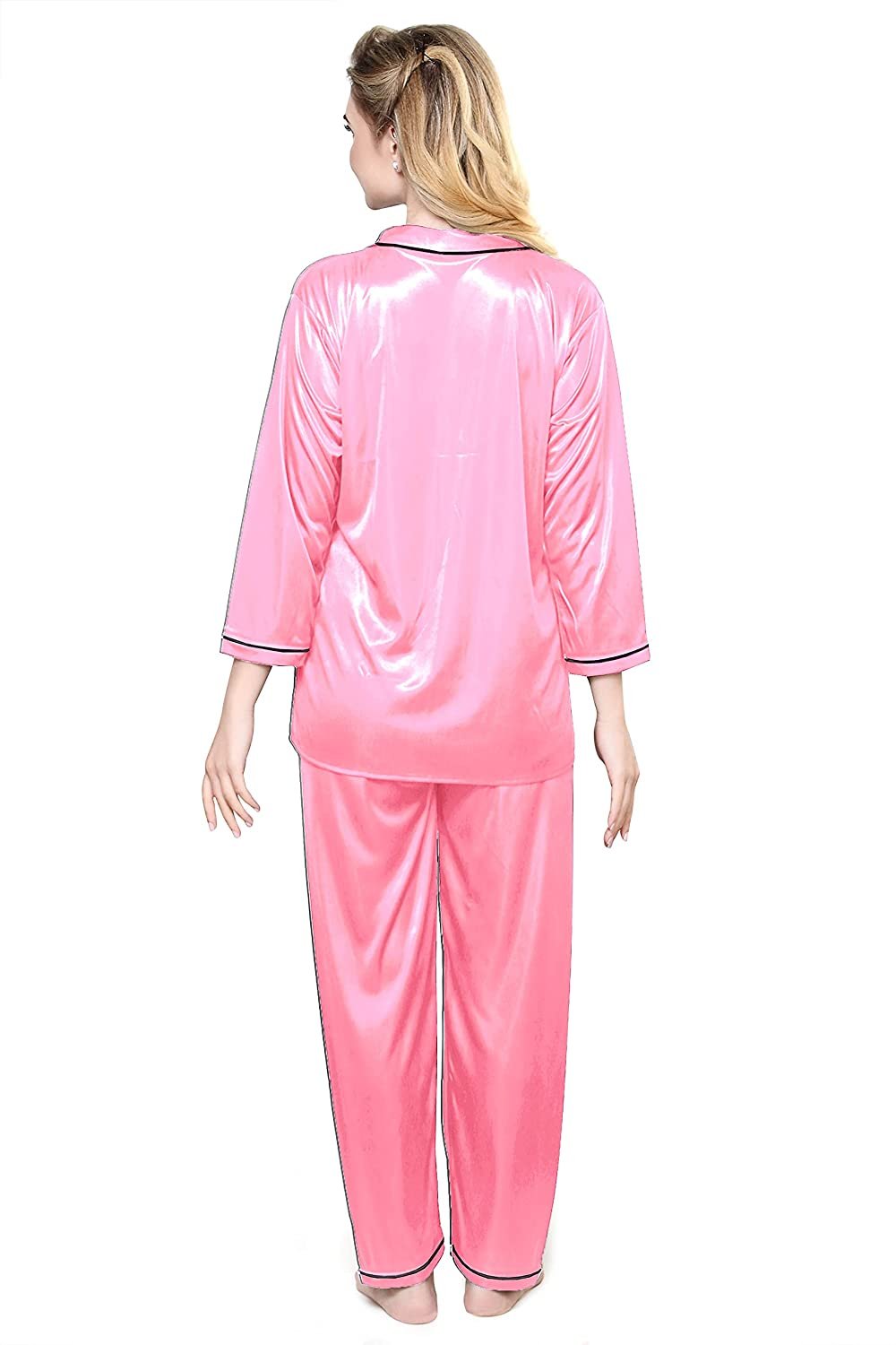 Tiya Women's Satin Plain/Solid Top and Pyjama Set (Babypink)