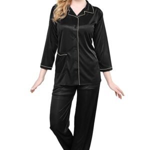 Tiya Women’s Satin Plain/Solid Top and Pyjama Set (Black)