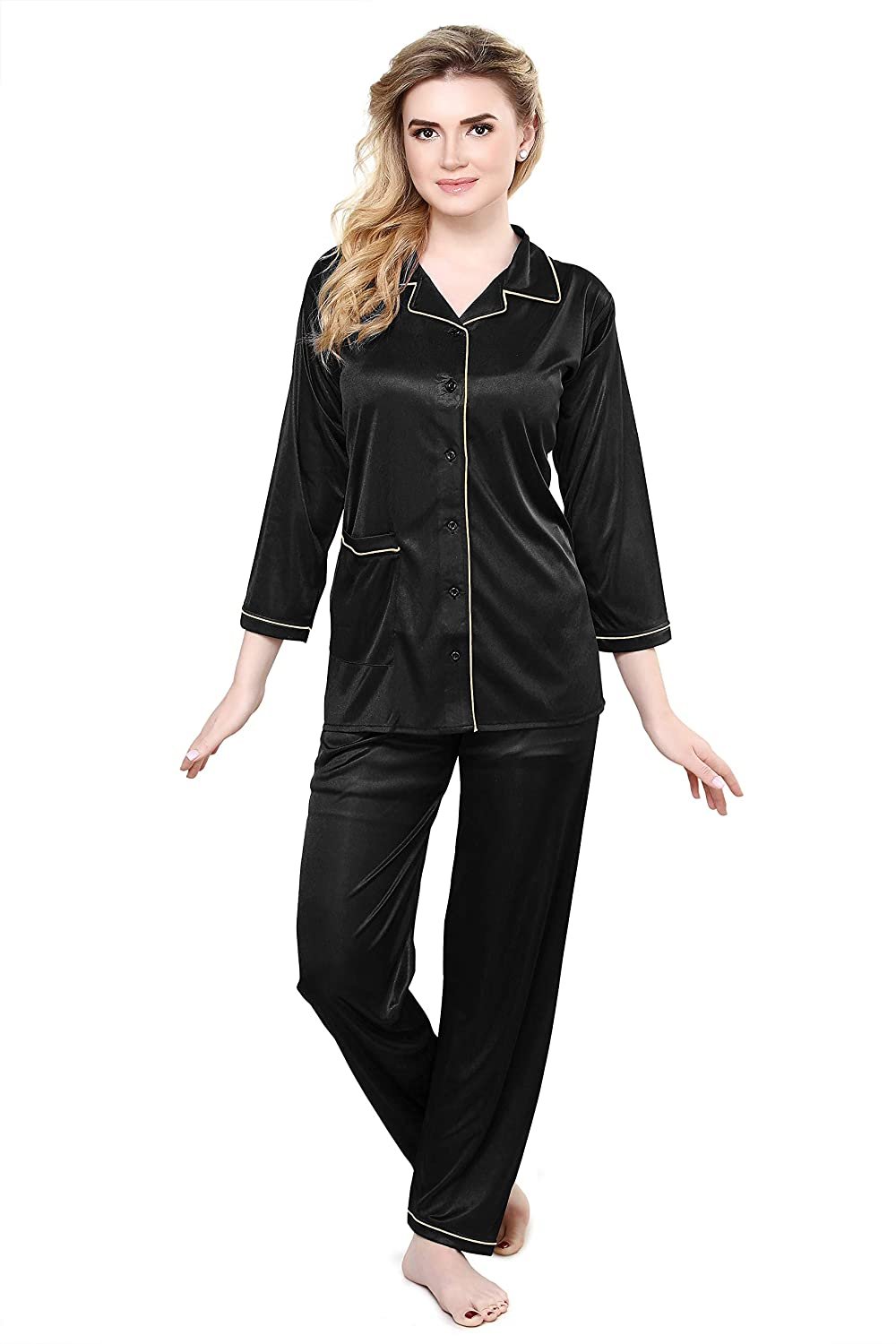 Tiya Women's Satin Plain/Solid Top and Pyjama Set (Black)