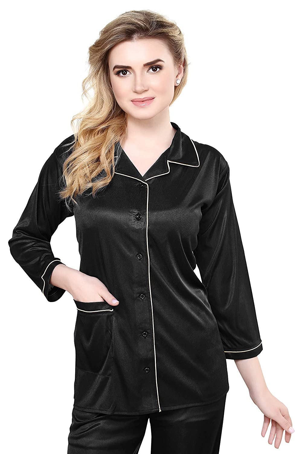 Tiya Women's Satin Plain/Solid Top and Pyjama Set (Black)