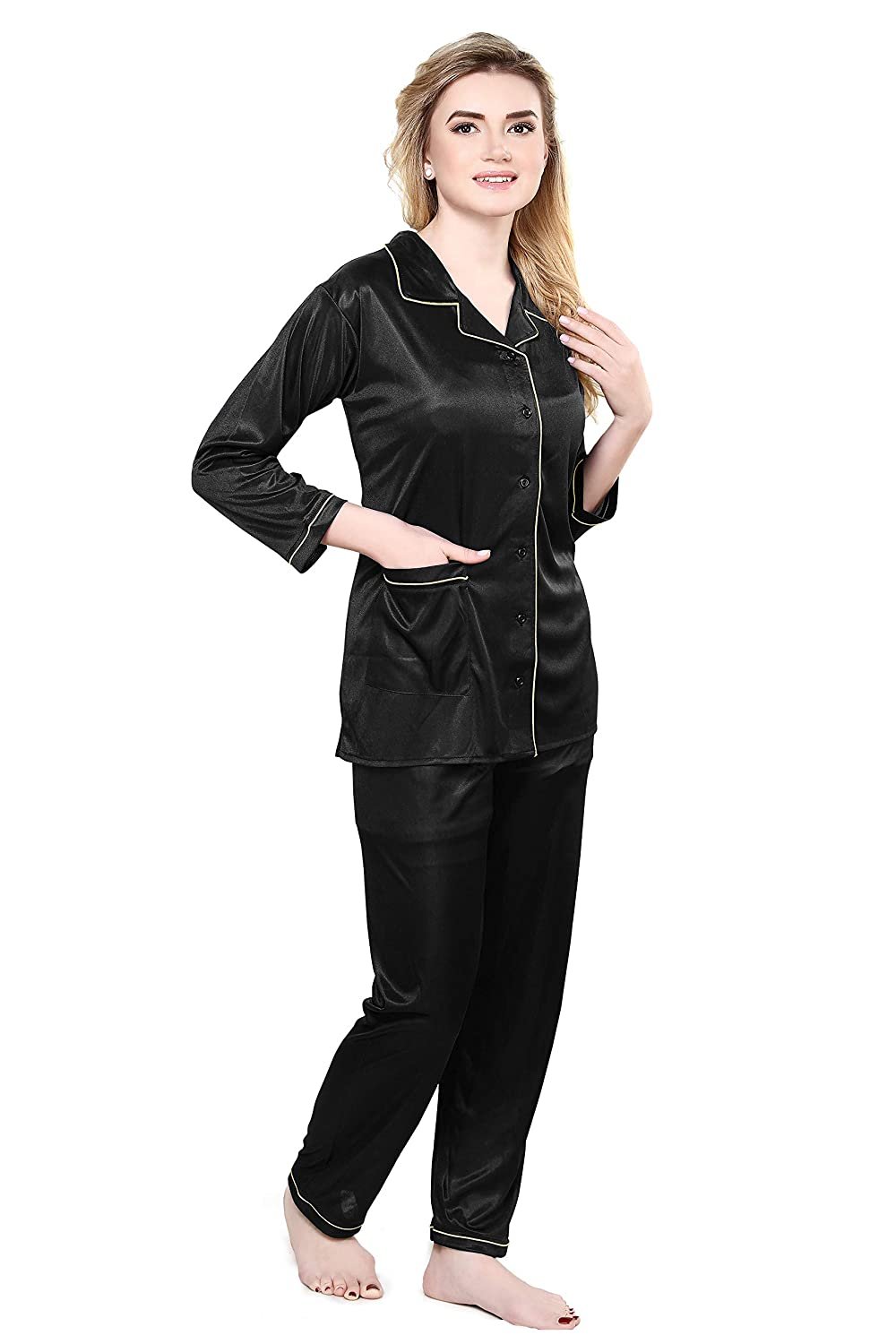 Tiya Women's Satin Plain/Solid Top and Pyjama Set (Black)