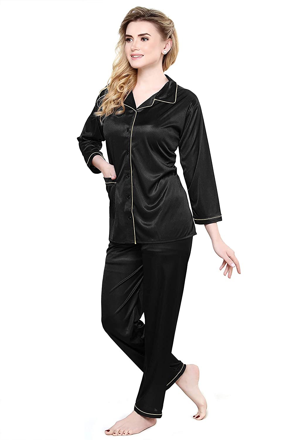 Tiya Women's Satin Plain/Solid Top and Pyjama Set (Black)