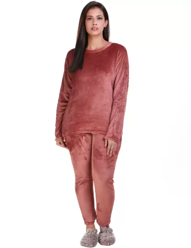 Girls Plain Dark Apricot Winter Woolen Fleece Night Suitvery Comfortale