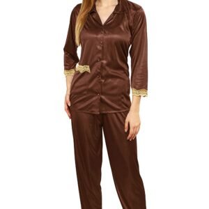 Tiya Women’s Satin Plain/Solid Top and Pyjama Set (Coffee)