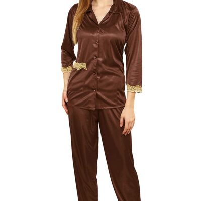 Tiya Women’s Satin Plain/Solid Top and Pyjama Set (Coffee)