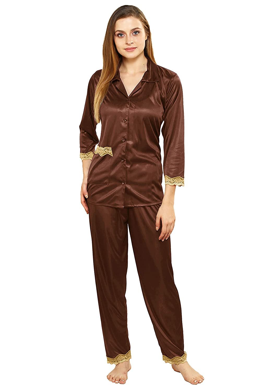 Tiya Women's Satin Plain/Solid Top and Pyjama Set (Coffee)