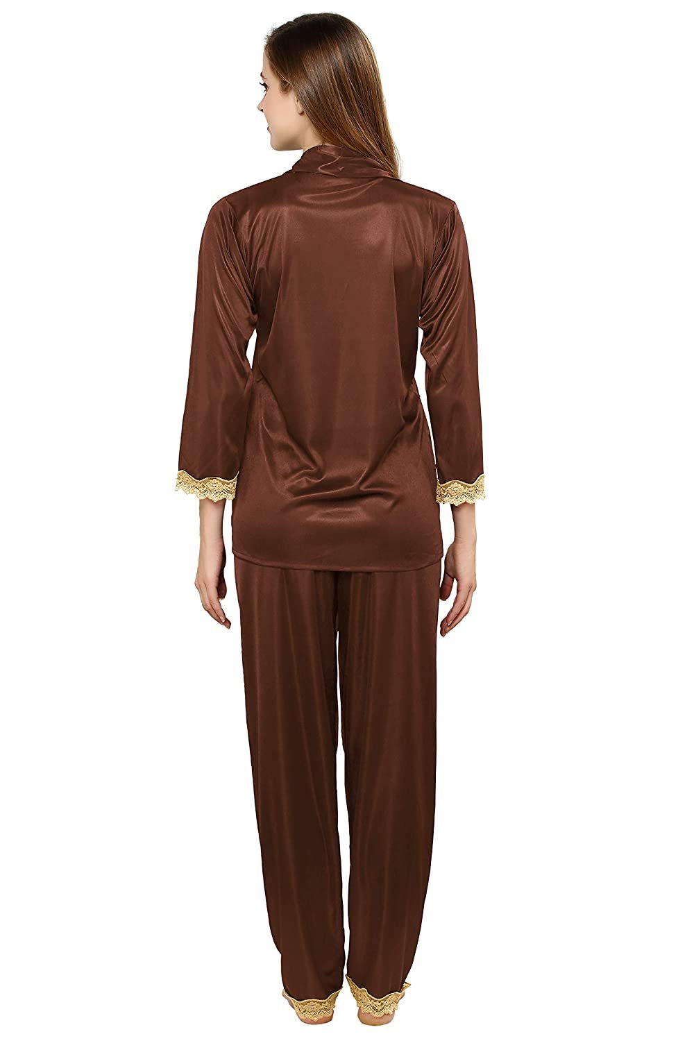 Tiya Women's Satin Plain/Solid Top and Pyjama Set (Coffee)