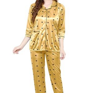 Women All Over Dots Print Night Suit Shirt & Pajama Set (Gold)