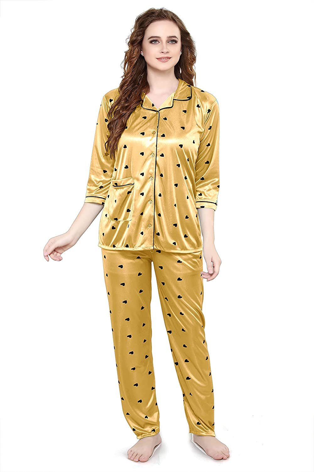 Women All Over Dots Print Night Suit Shirt & Pajama Set (Gold)