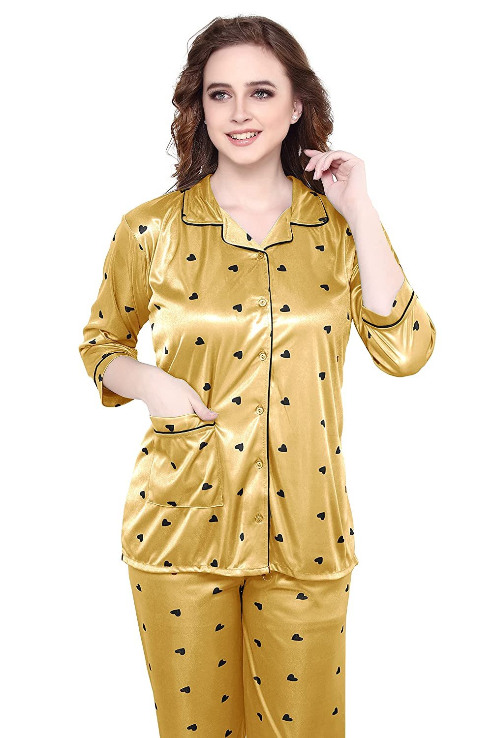 Women All Over Dots Print Night Suit Shirt & Pajama Set (Gold)