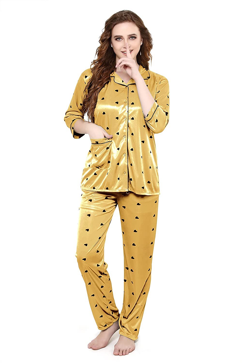 Women All Over Dots Print Night Suit Shirt & Pajama Set (Gold)