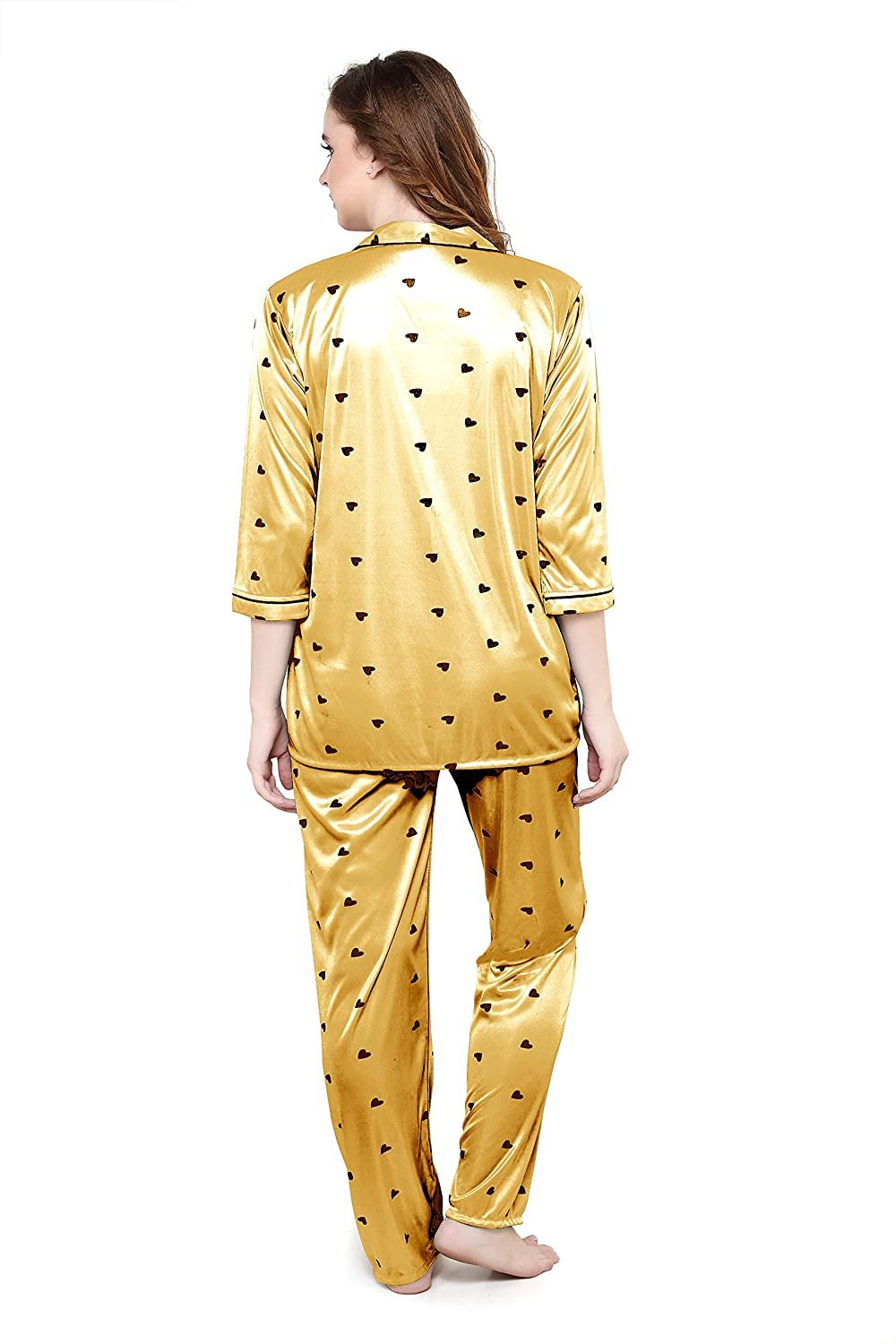 Women All Over Dots Print Night Suit Shirt & Pajama Set (Gold)