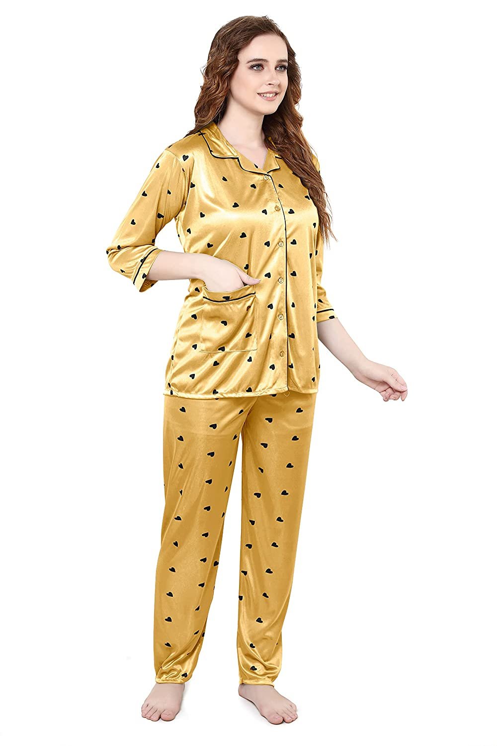Women All Over Dots Print Night Suit Shirt & Pajama Set (Gold)