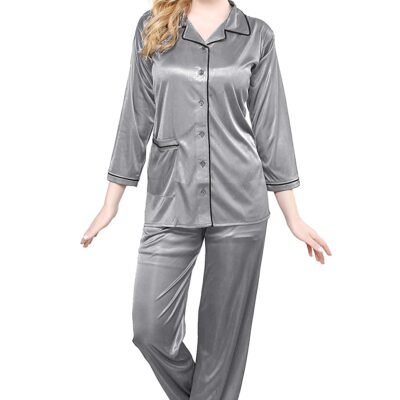 Tiya Women’s Satin Plain/Solid Top and Pyjama Set (Grey)