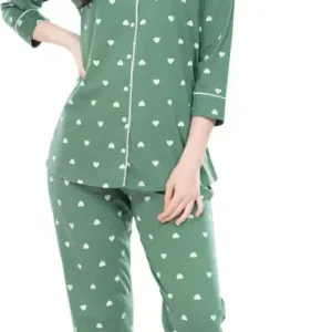 Women All Over Dots Print Night Suit Shirt & Pajama Set (Green)