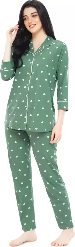 Women All Over Dots Print Night Suit Shirt & Pajama Set (Green)