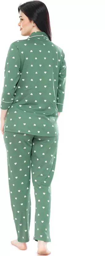 Women All Over Dots Print Night Suit Shirt & Pajama Set (Green)