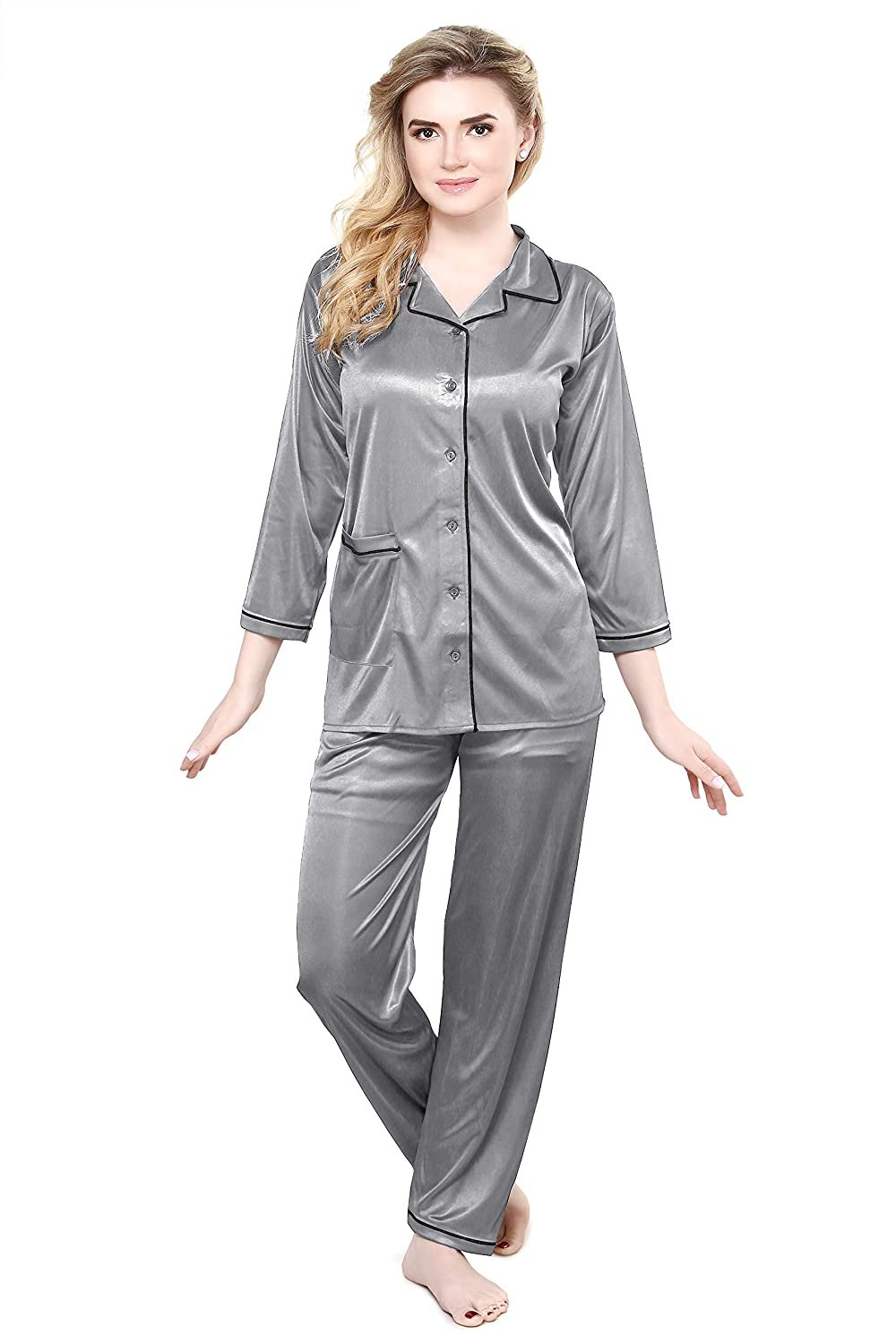 Tiya Women's Satin Plain/Solid Top and Pyjama Set (Grey)
