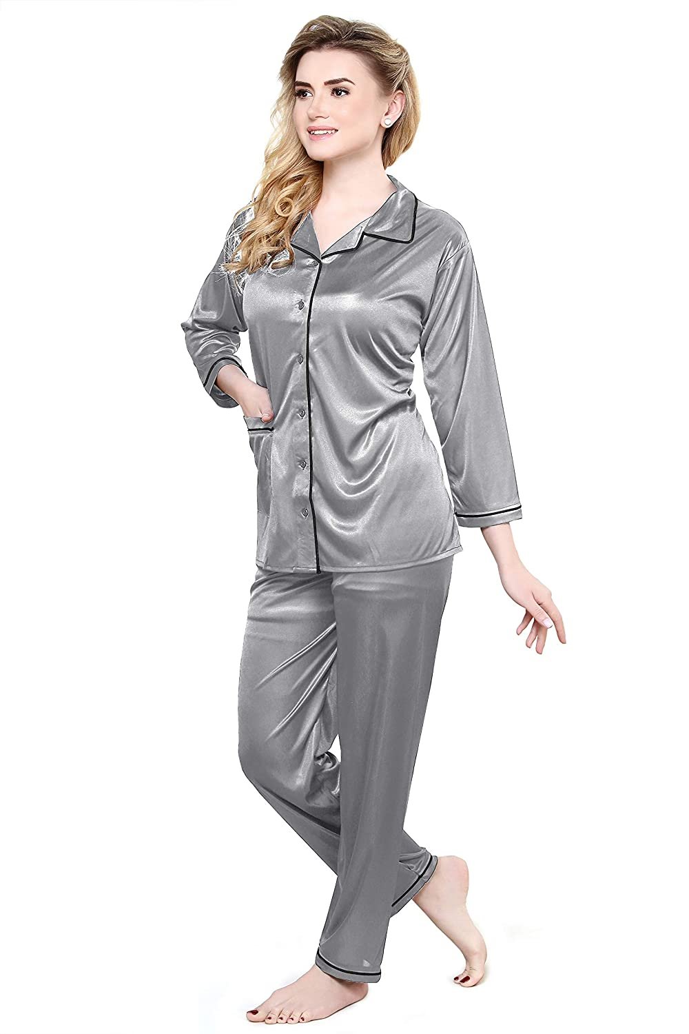 Tiya Women's Satin Plain/Solid Top and Pyjama Set (Grey)