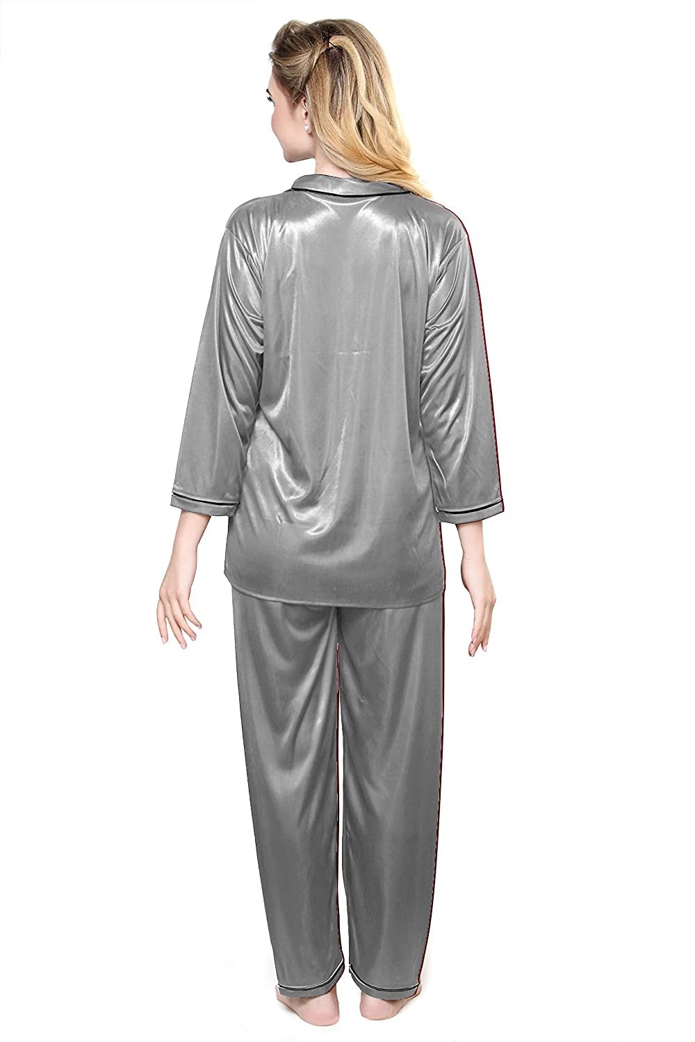 Tiya Women's Satin Plain/Solid Top and Pyjama Set (Grey)