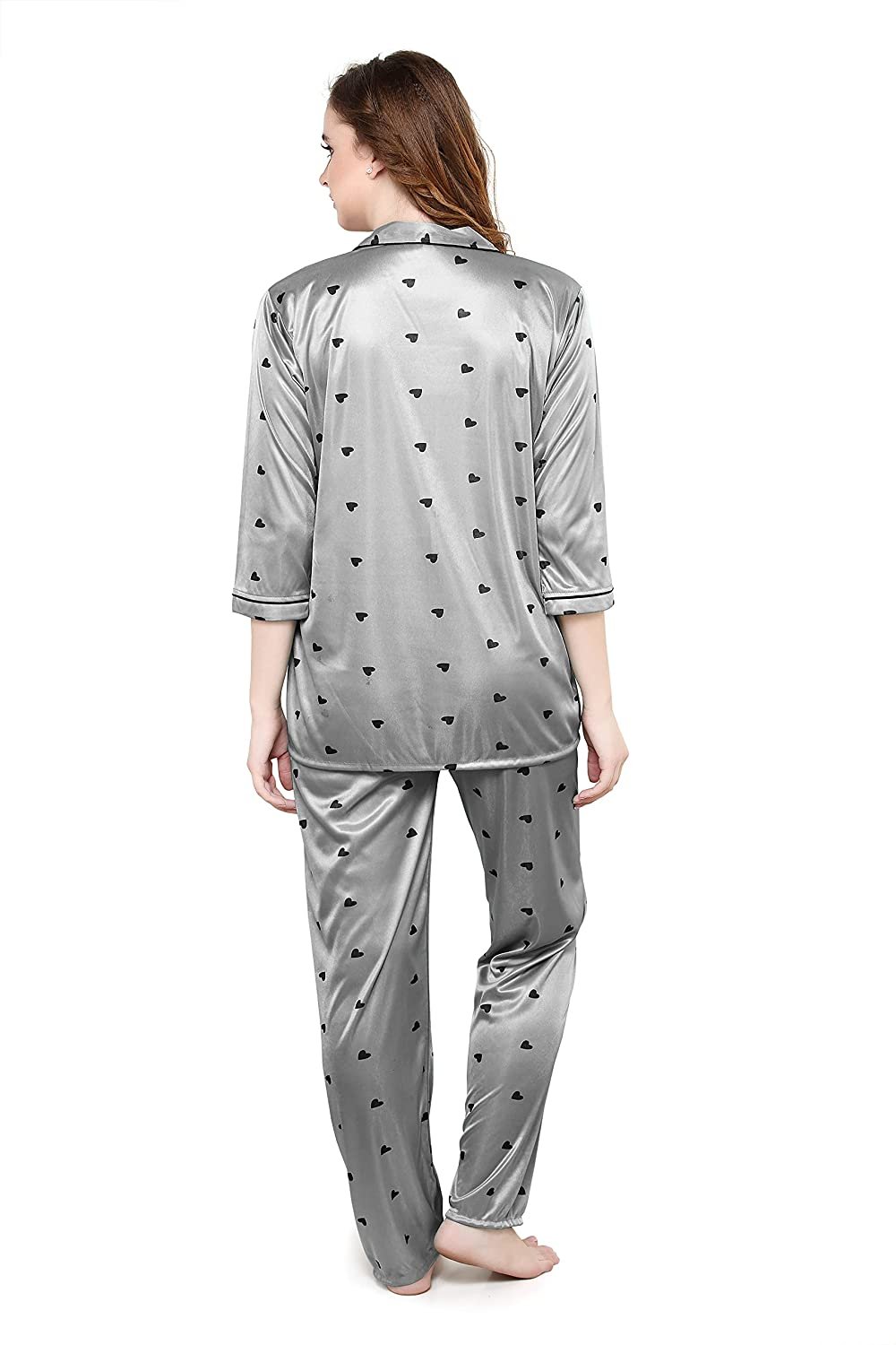 Women All Over Dots Print Night Suit Shirt & Pajama Set (Grey)