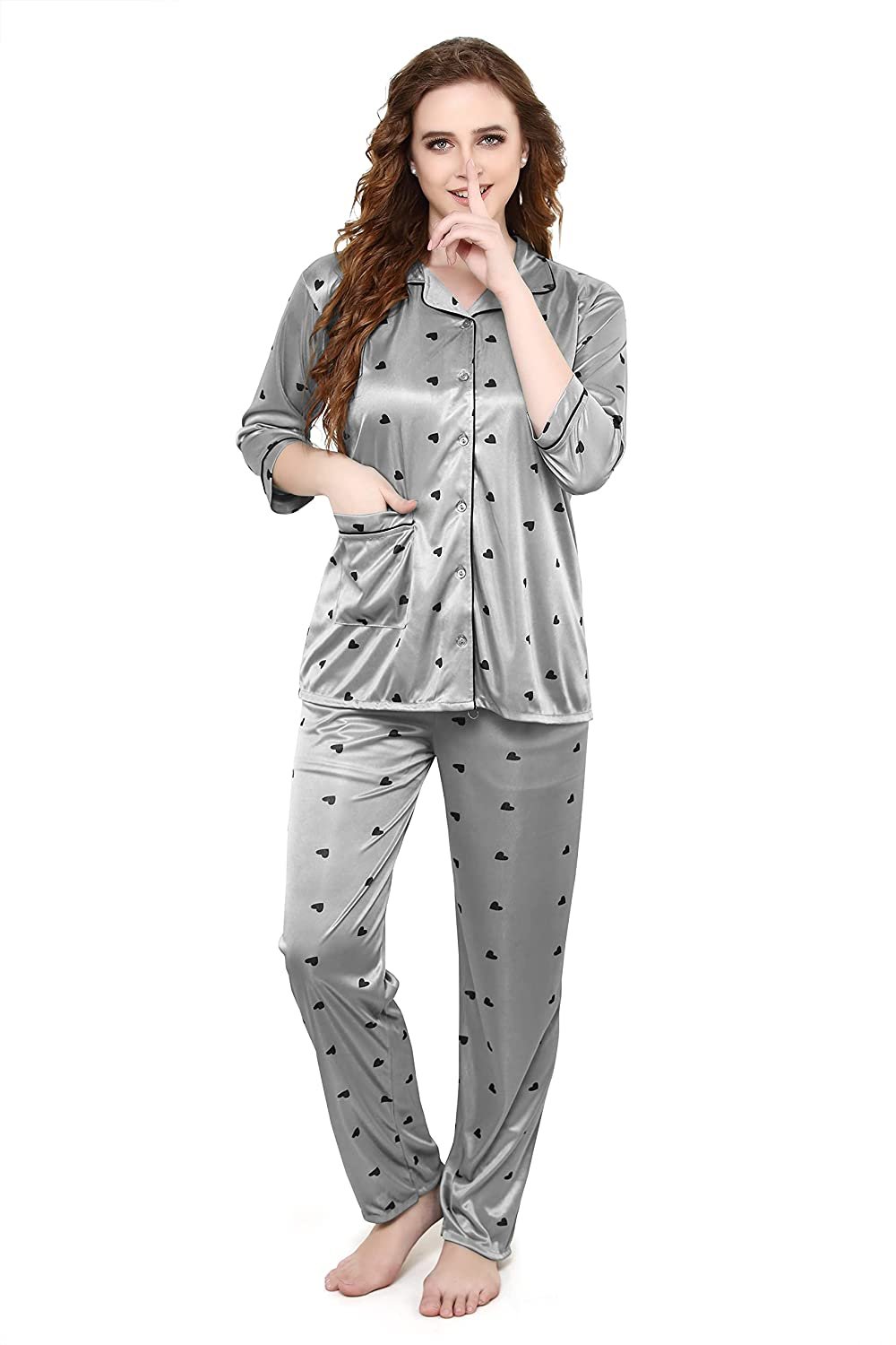 Women All Over Dots Print Night Suit Shirt & Pajama Set (Grey)