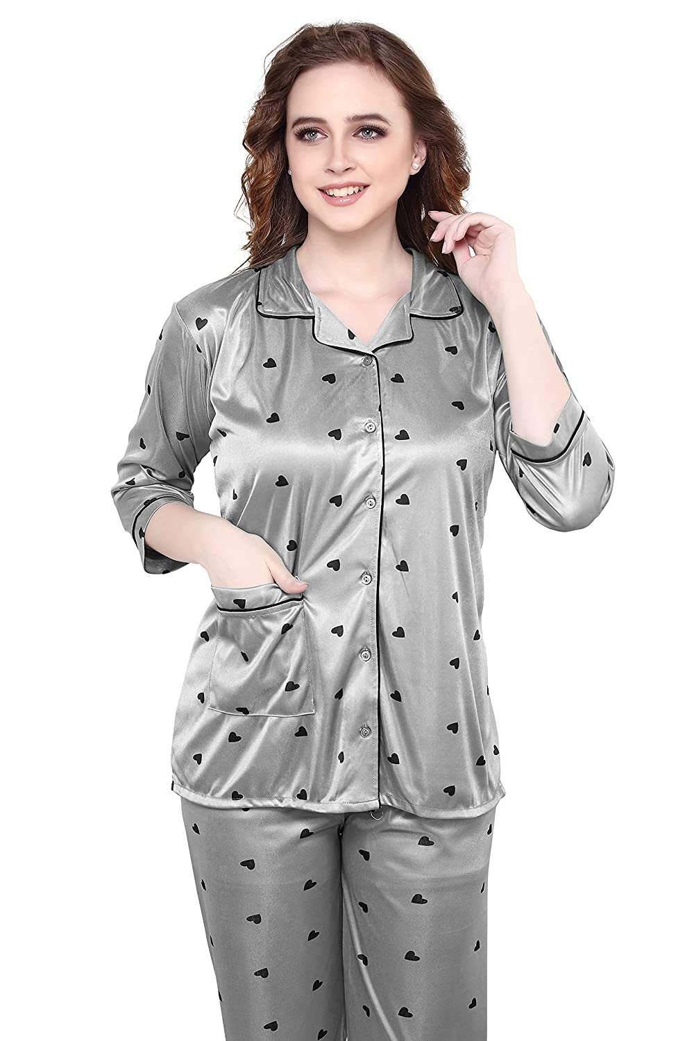 Women All Over Dots Print Night Suit Shirt & Pajama Set (Grey)