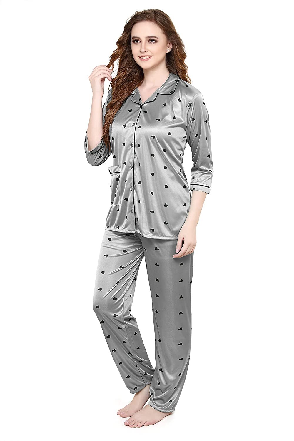 Women All Over Dots Print Night Suit Shirt & Pajama Set (Grey)