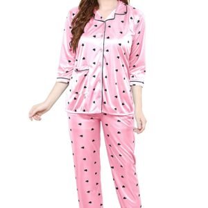 Women All Over Dots Print Night Suit Shirt & Pajama Set (Light Pink)
