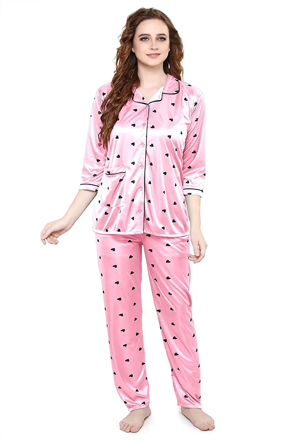 Women All Over Dots Print Night Suit Shirt & Pajama Set (Light Pink)
