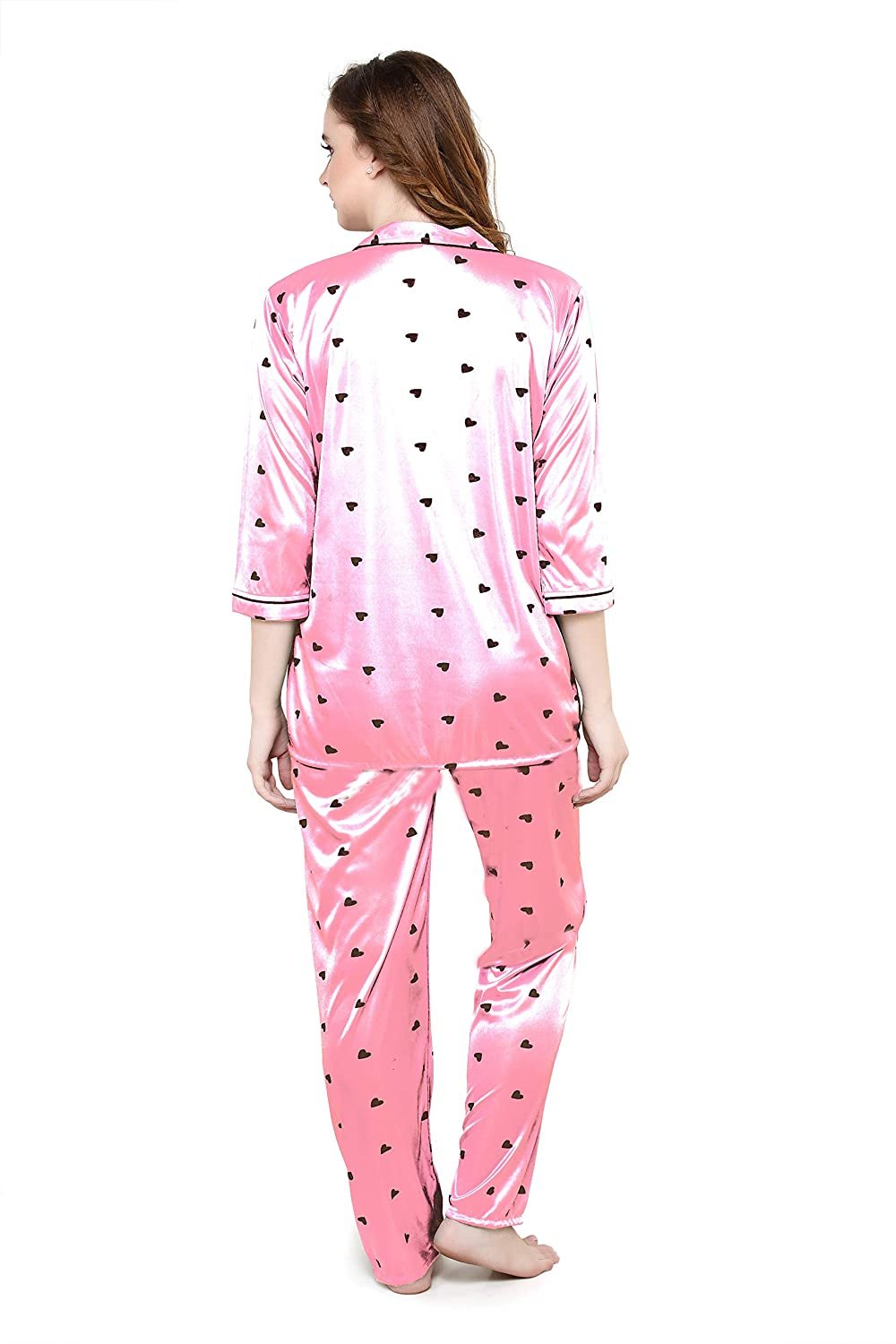 Women All Over Dots Print Night Suit Shirt & Pajama Set (Light Pink)