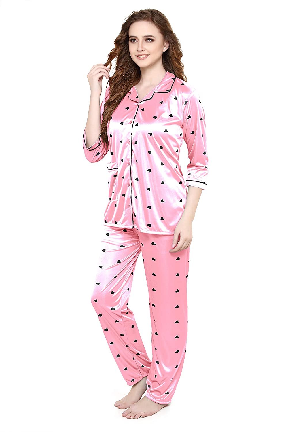 Women All Over Dots Print Night Suit Shirt & Pajama Set (Light Pink)