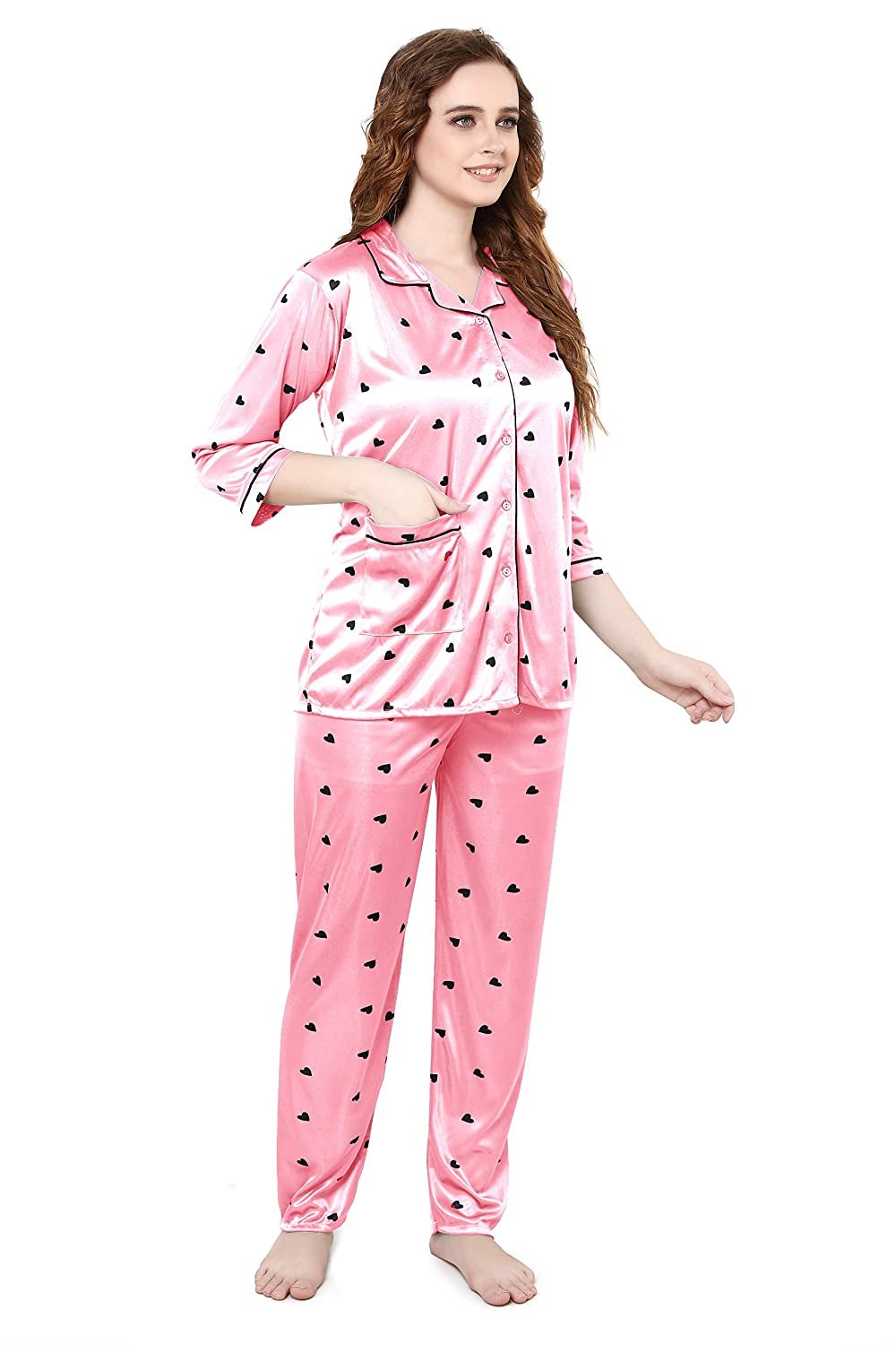 Women All Over Dots Print Night Suit Shirt & Pajama Set (Light Pink)