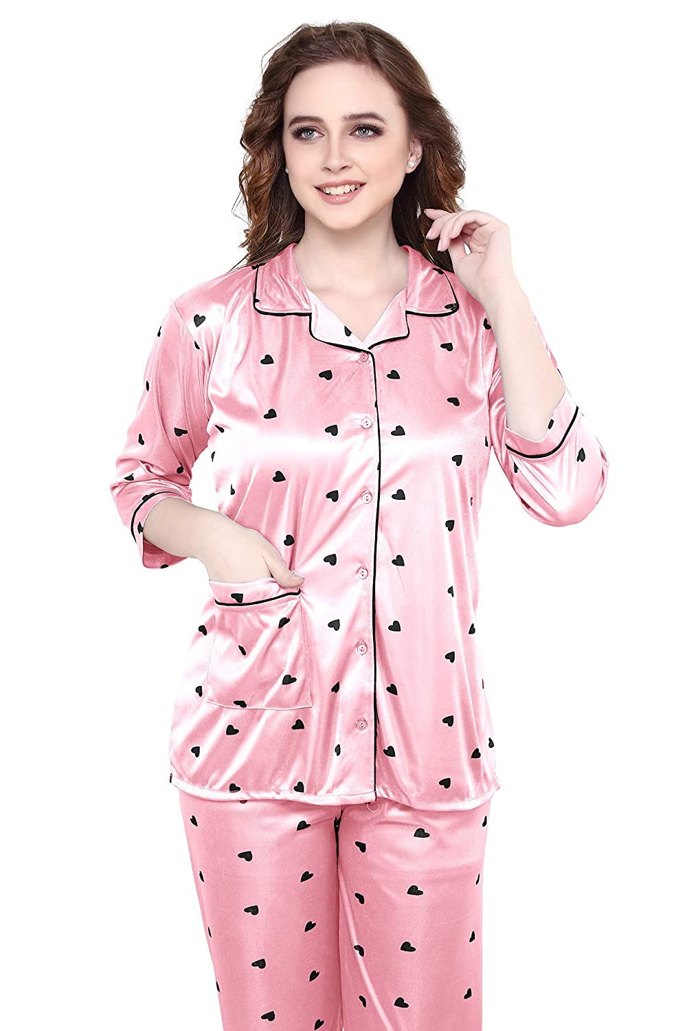 Women All Over Dots Print Night Suit Shirt & Pajama Set (Light Pink)