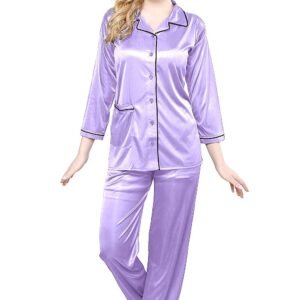Tiya Women’s Satin Plain/Solid Top and Pyjama Set (Lavender)