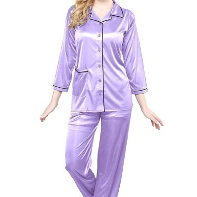 Tiya Women’s Satin Plain/Solid Top and Pyjama Set (Lavender)