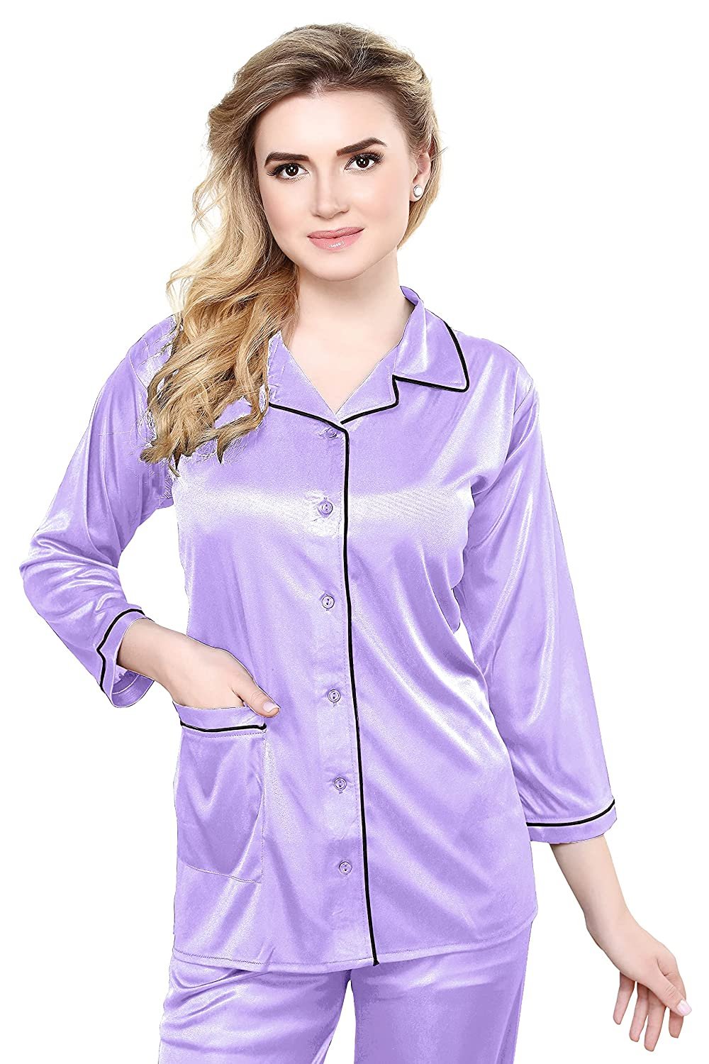 Tiya Women's Satin Plain/Solid Top and Pyjama Set (Lavender)