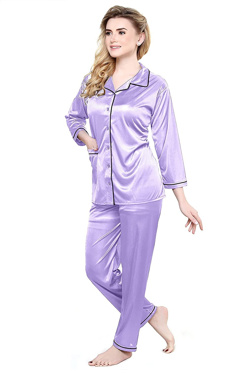 Tiya Women's Satin Plain/Solid Top and Pyjama Set (Lavender)